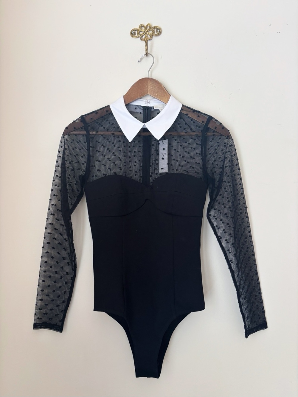 Fleur Du Mal Black & White Dotted Tulle Collared Bodysuit Small NEW NWT